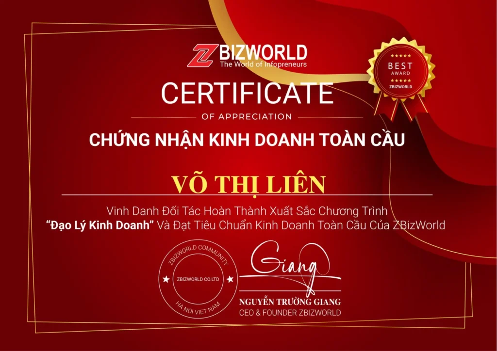 Chứng nhận Đạo Lý Kinh Doanh của Võ Thị Liên
