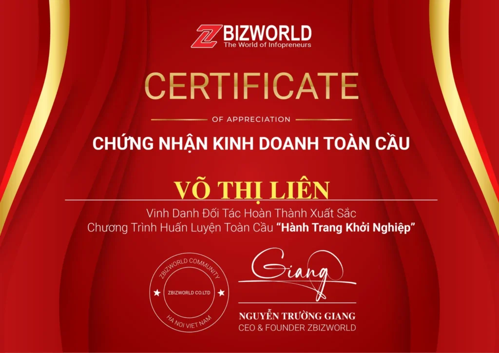 Chứng nhận Hành Trang Khởi Nghiệp của Võ Thị Liên